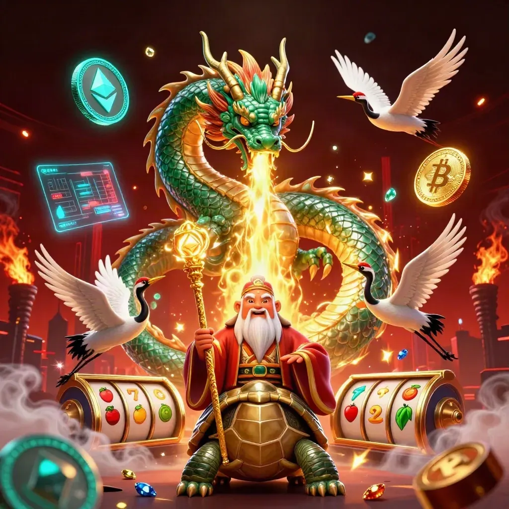 Jade dragon, turtle sage, and cranes amid neon casino symbols and gold fire, teal-lit luxe key art