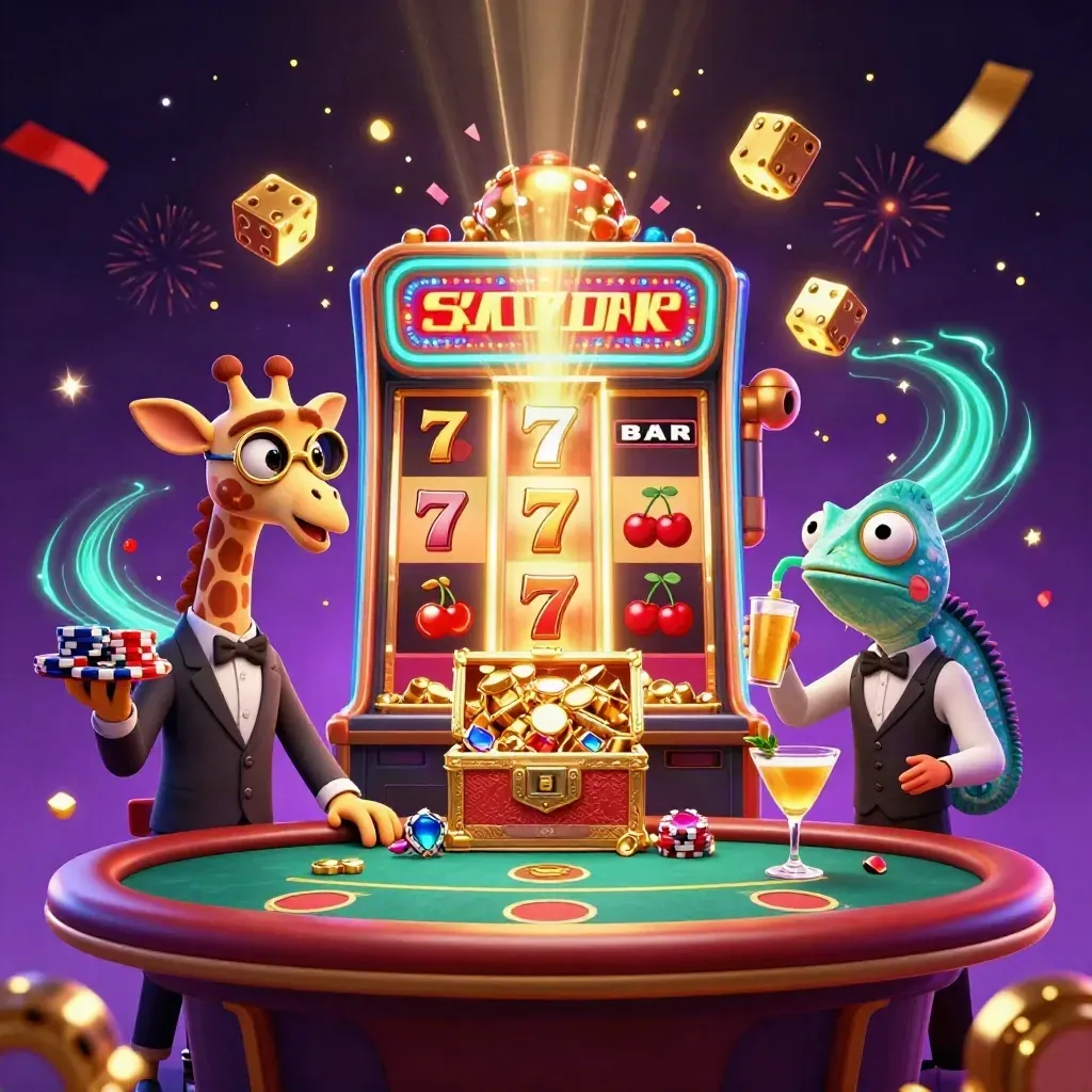 Luxury casino trio around exploding slot machine, gold and teal jackpots in a neon starfield.