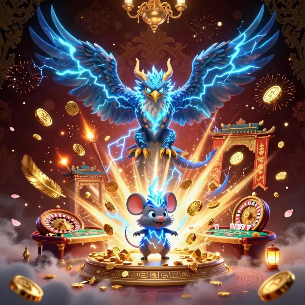 Thunder dragon, hawk, and mouse amid roulette, coins, temple gate, and casino jackpot sparks