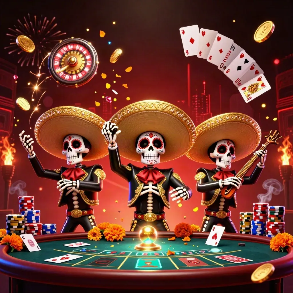 Skeleton mariachi trio amid gold coins, roulette wheel, chips, and fireworks in a luxe casino splash.