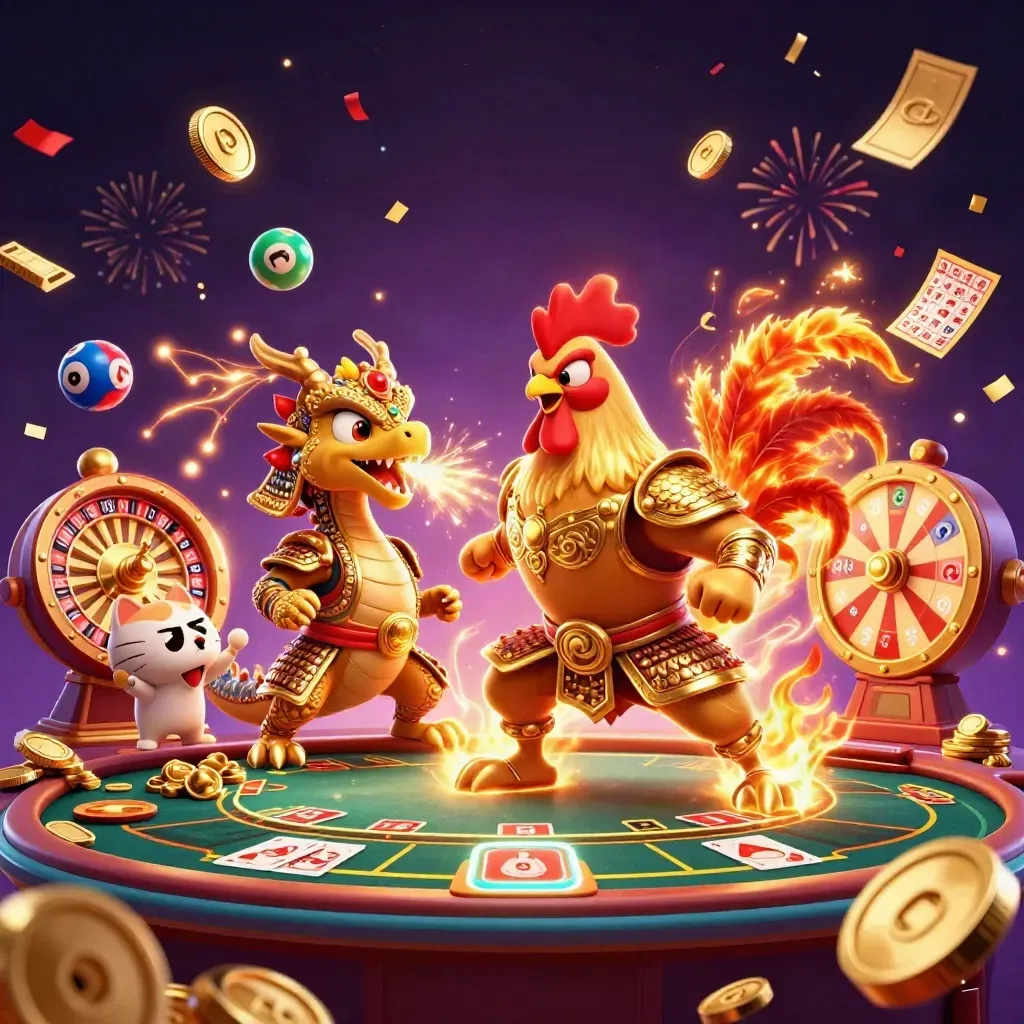 Rooster warrior, dragon hatchling, and fortune-cat amid roulette, coins, and fireworks.