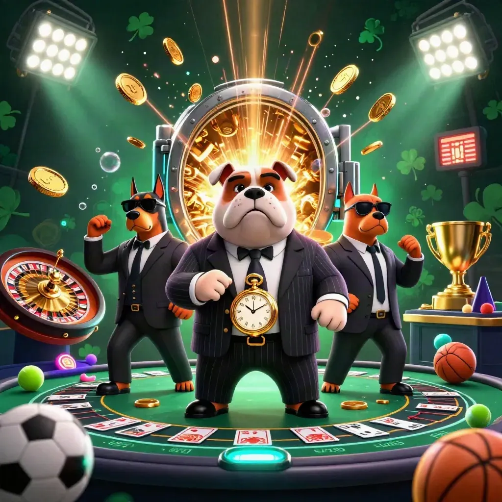 Bulldog boss and Dobermans amid coins, roulette, sports balls, trophy, fireworks, and casino glow.