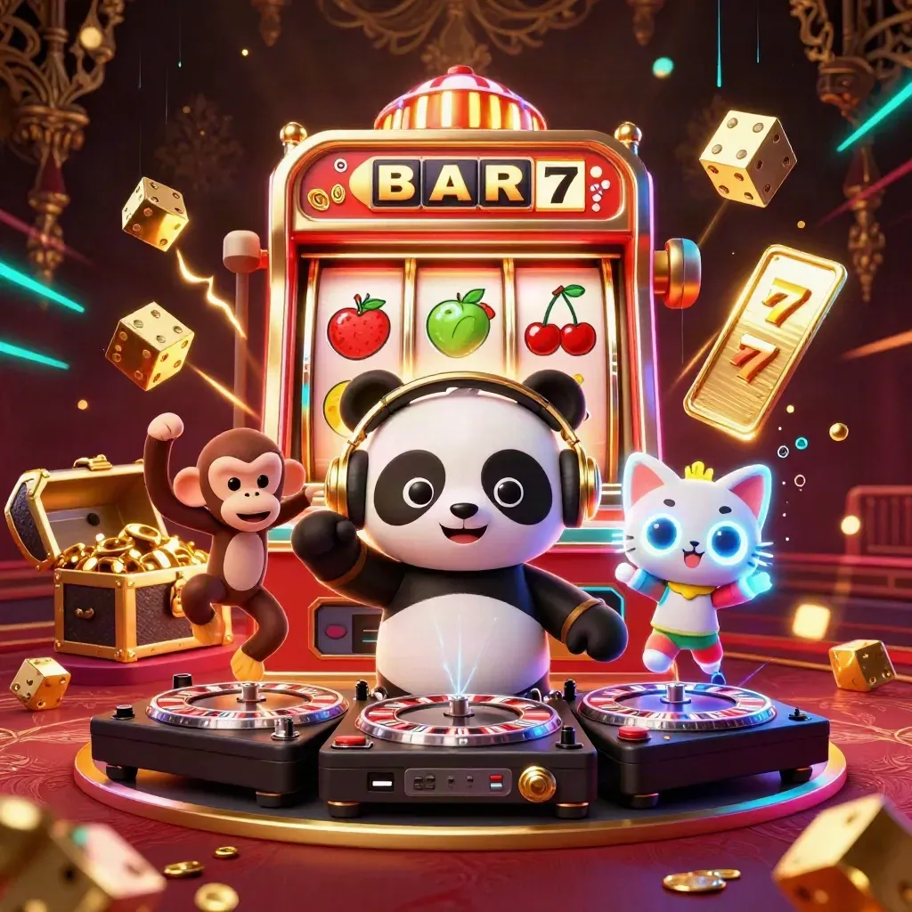 DJ panda, breakdancing monkey and rave kitten amid roulette reels, jackpots and neon casino effects