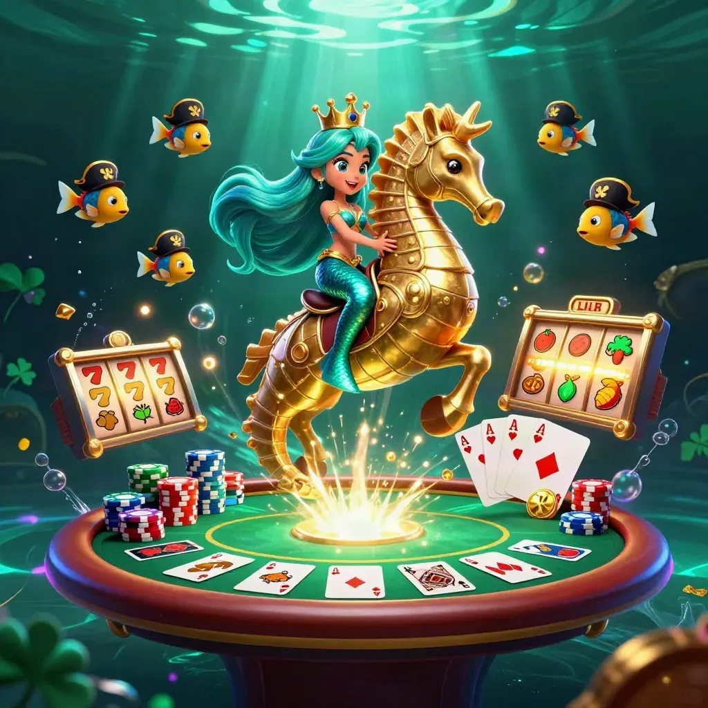 Turquoise mermaid princess on a golden seahorse amid poker chips, reels, and glowing casino magic.
