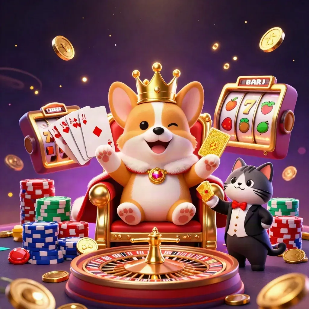 Teal-lit corgi king on chip throne with cat butler, roulette wheel, coins, cards and jackpot sparks