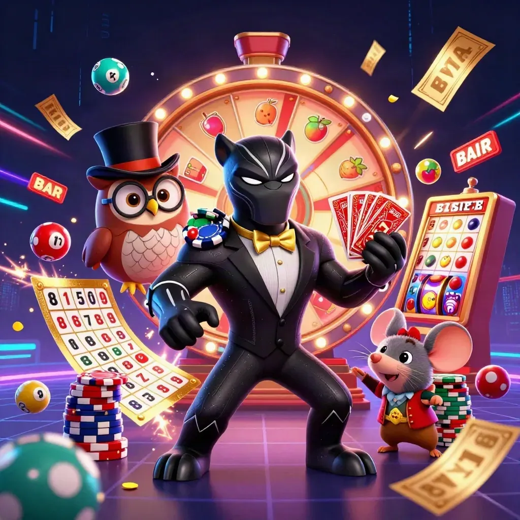 Panther, owl, and mouse amid roulette chaos, chips, reels, and neon casino effects.