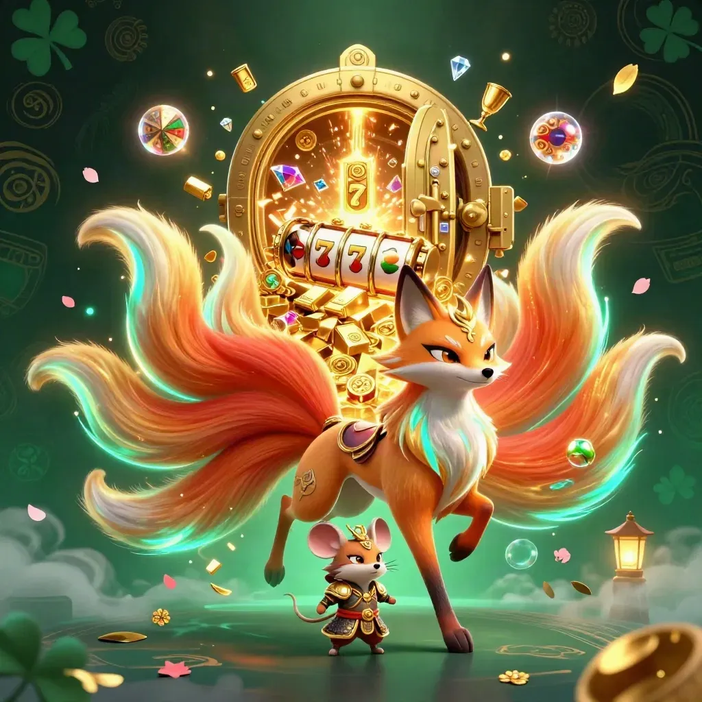 Nine-tailed fox spirit and gold-armored mouse before a bursting vault, with reels, gems, and neon casino glow.