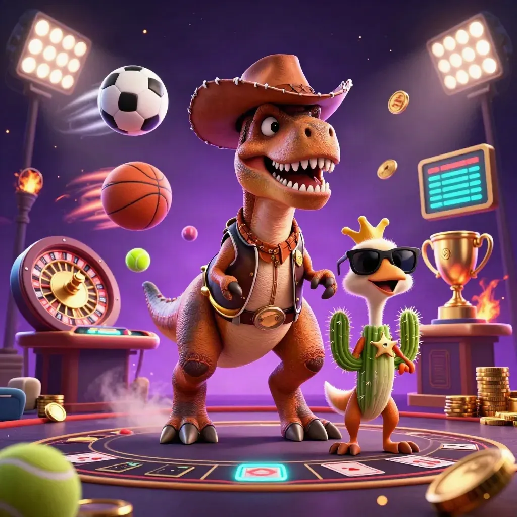 Cartoon cowboy T-Rex, cactus and roadrunner amid roulette, coins, sports balls, and neon casino lights.