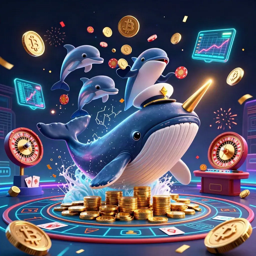 Whale, narwhal, and dolphins amid casino coins, roulette wheel, and neon effects