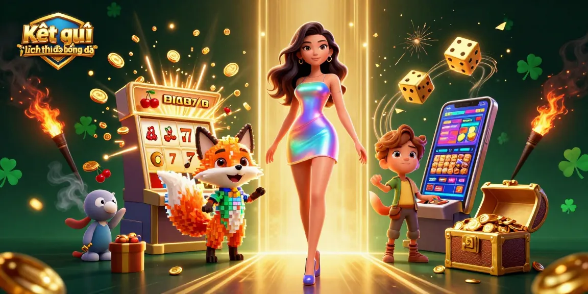 Kết quả và lịch thi đấu bóng đá illustrated through vibrant, colorful casino elements and characters