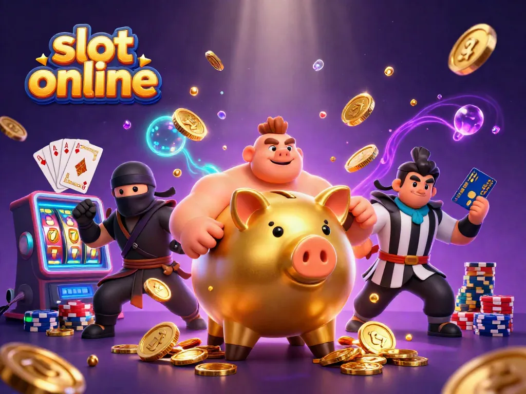 Experience the thrill of slot online with an exhilarating scene of characters amidst cascading coins and gambling elements.