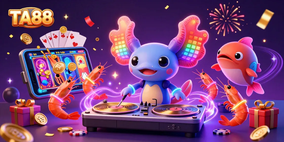 TA88 casino-themed scene with a neon axolotl DJ, slot games, golden coins, and vibrant characters.