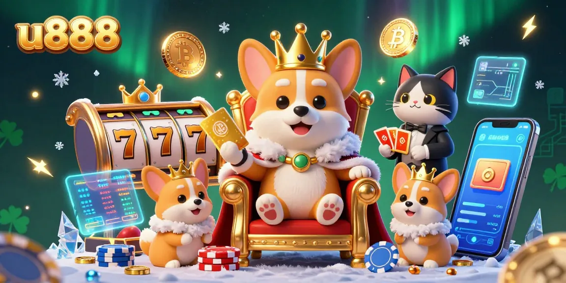 Experience the thrilling u888 slots with a royal corgi and vibrant casino elements!