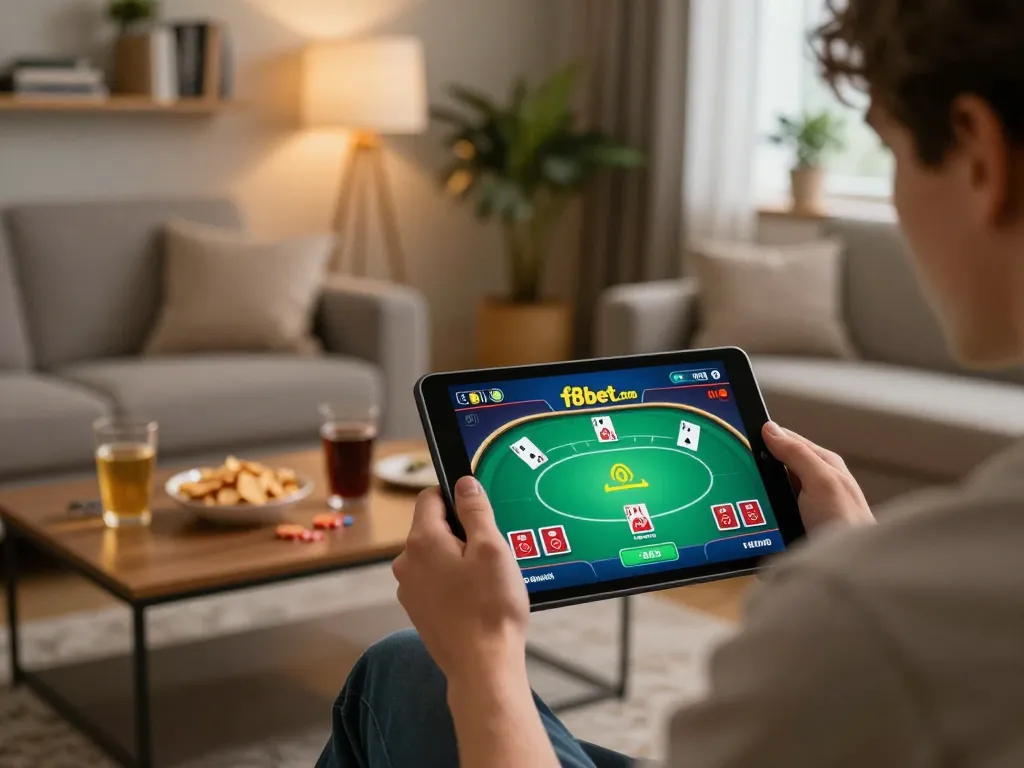 Engaging moment of online gambling at f8bet.com, showcasing a player using a tablet in a cozy living room setting.