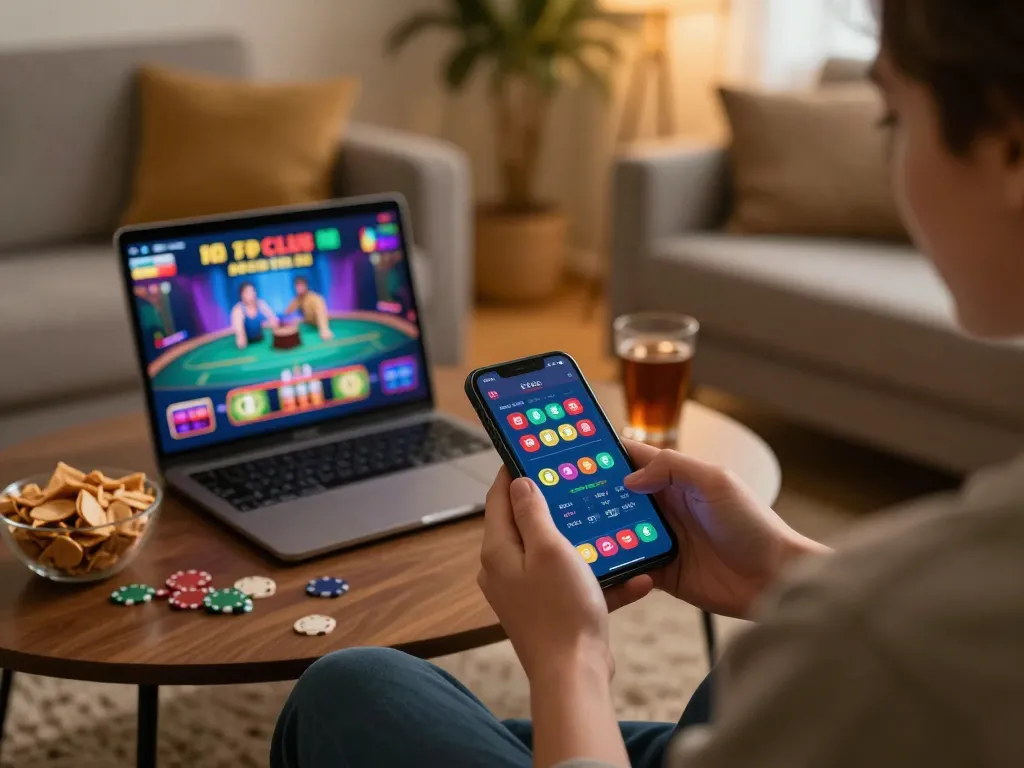 Engaging with the 789club casino app on a smartphone in a cozy living room, enhancing responsible gambling.