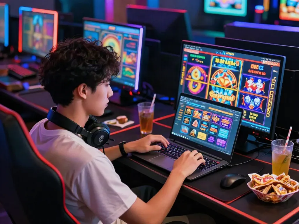 Immerse in the slot gacor gaming experience with vibrant colors and intensity around a focused player.