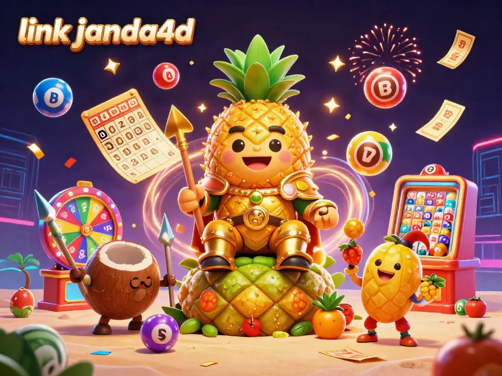 Gambarkan keseruan bermain togel dengan link janda4d yang dikelilingi bola lotere berwarna-warni dan karakter 3D