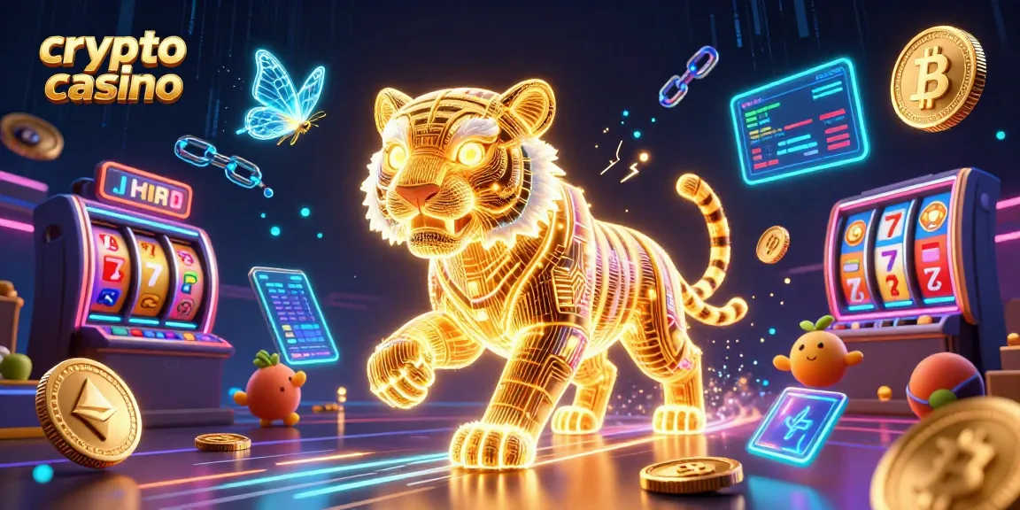 Experience the thrilling atmosphere of a crypto casino with a neon-lit tiger and dynamic game elements.
