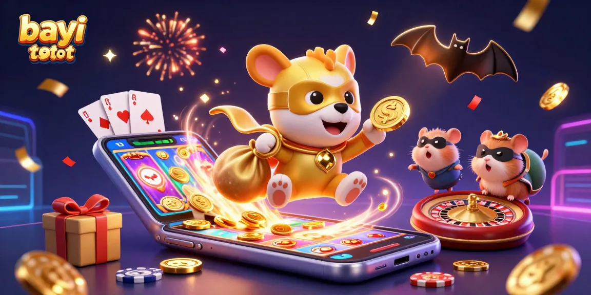 Experience the thrilling action of bayi toto slot with a superhero dog and hamster in a vibrant casino world.
