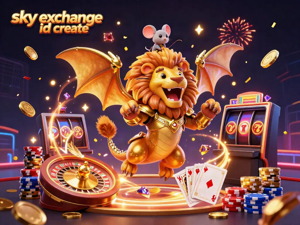 Experience excitement and rewards with the Sky Exchange ID create as a golden chimera roars triumphantly amid dazzling casino elements.