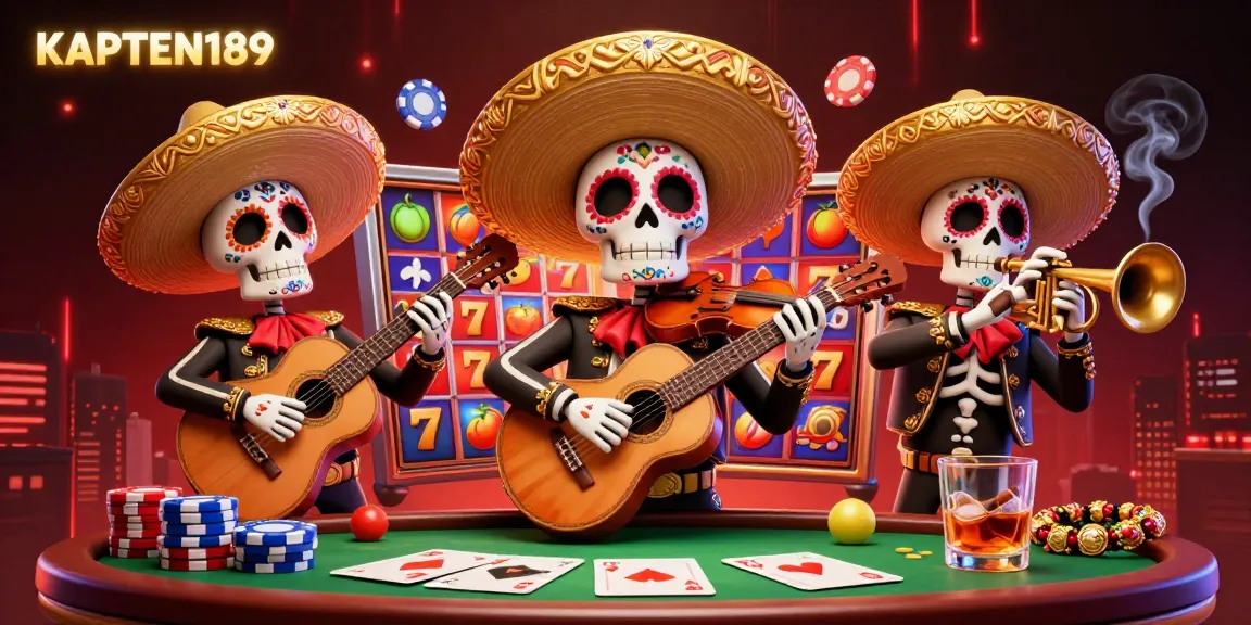KAPTEN189 menampilkan skeleton mariachi yang bermain sambil mengelilingi mesin slot jackpot berwarna-warni dalam suasana ceria.