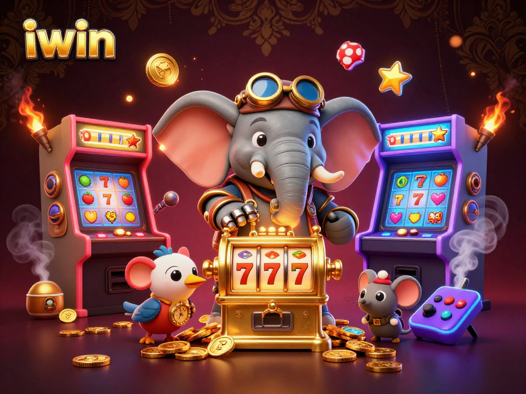 Experience thrilling gameplay with iwin's steampunk elephant managing a golden slot machine.