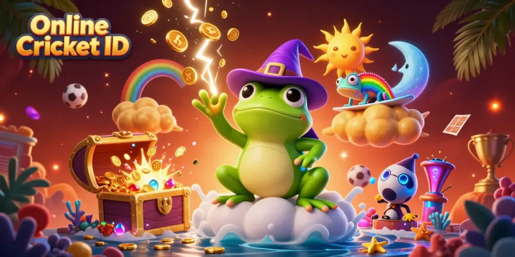 Bet smart with Online Cricket ID as illustrated by a wizard frog and chameleon on a golden cloud.