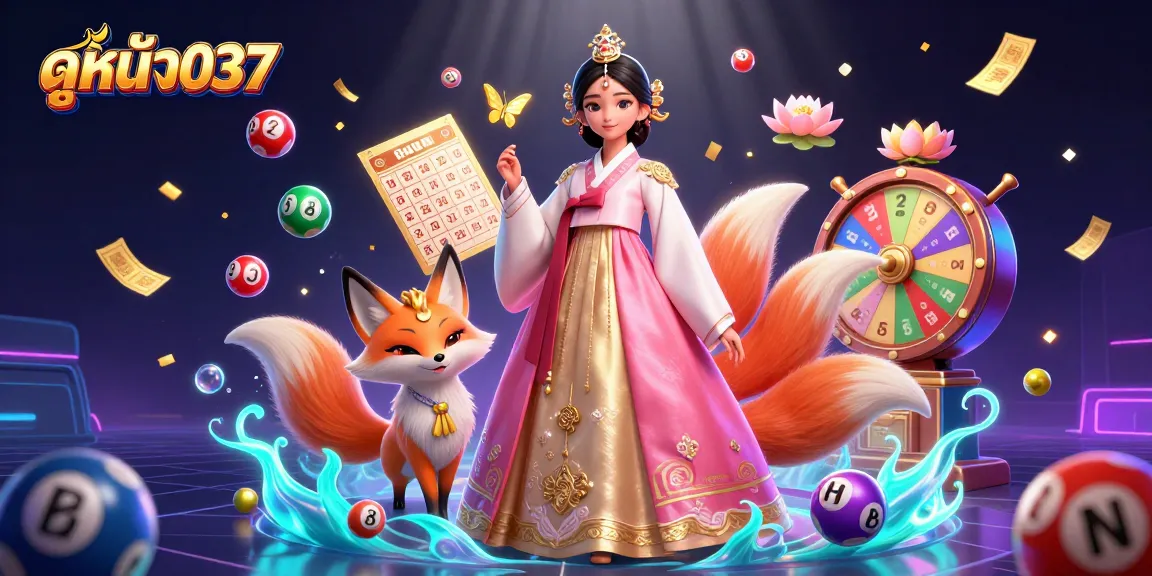 Engage with ดูหนัง037 in this dynamic casino-inspired illustration featuring colorful lottery elements.