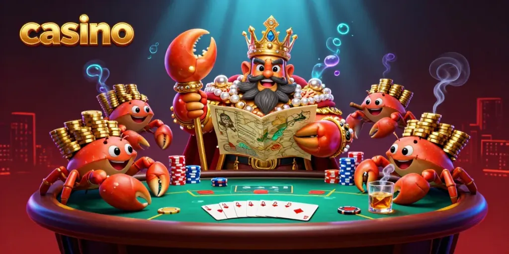 Engage in a thrilling casino experience illustrated by a golden crab emperor surrounded by colorful poker elements.