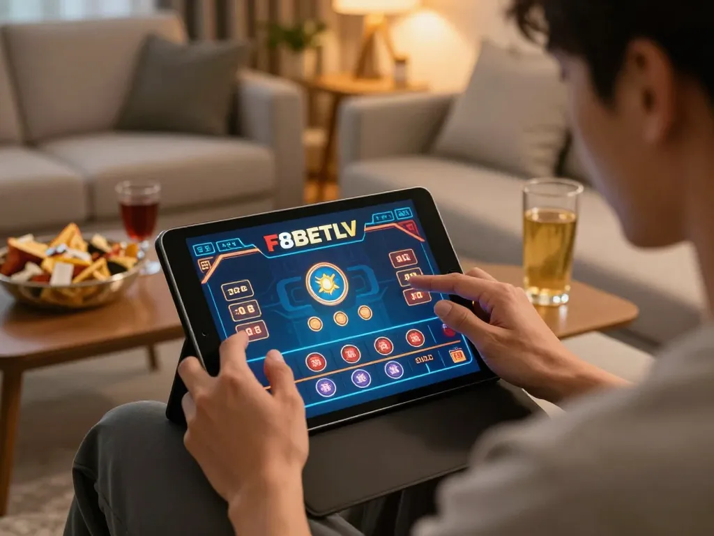 Player engaging in online gaming at f8betlv, focused on tablet interface, enhancing gaming excitement.
