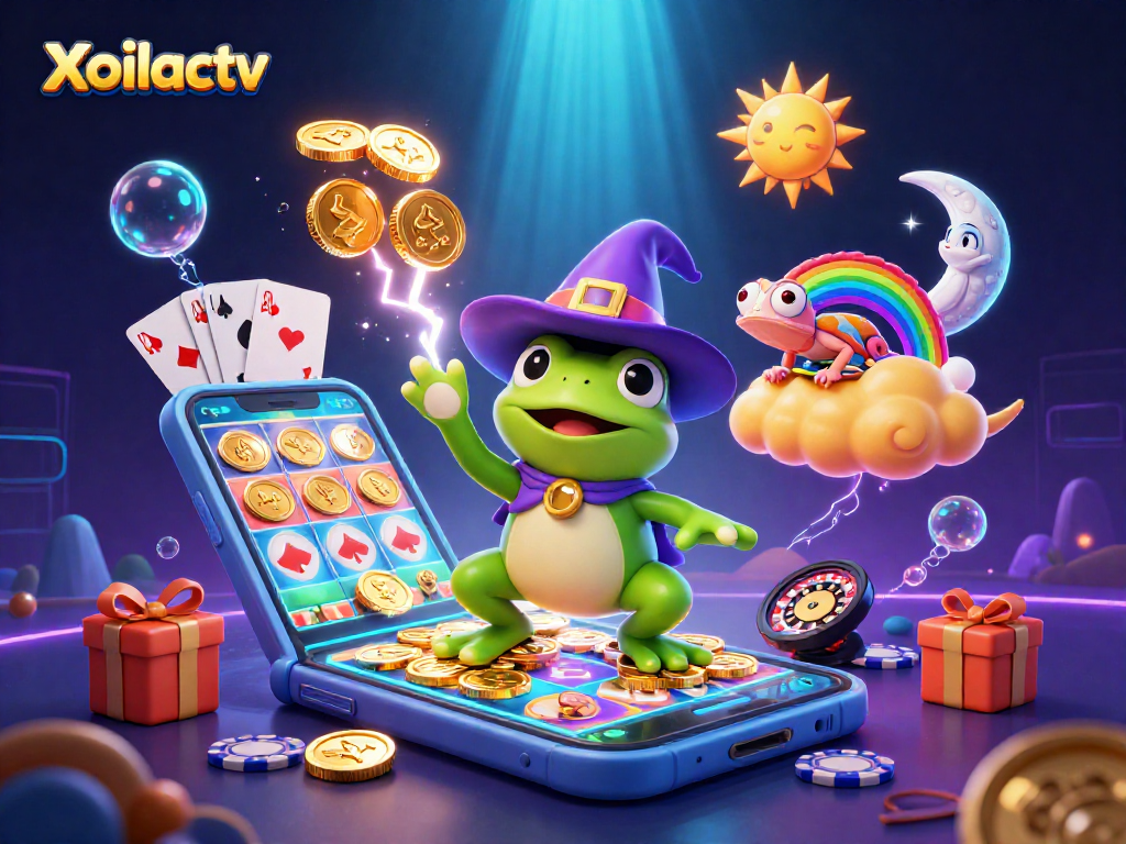 Xoilactv showcases a dynamic gaming scene with a wizard frog and colorful elements, enhancing your winning thrills.
