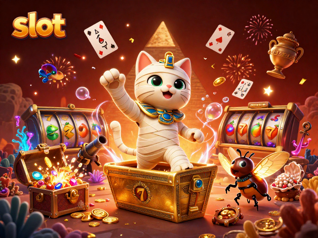 Spin the slot with a vibrant illustrated cat and scarab in a thrilling casino scene.