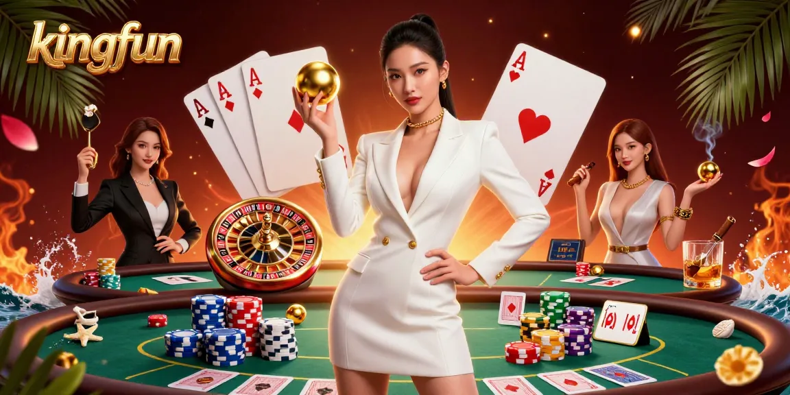 Spin the golden roulette ball with kingfun in a vibrant casino scene filled with poker elements.