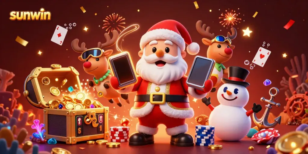 Experience thrilling gameplay at Sunwin with a whimsical illustration of Santa and friends in a vibrant casino.