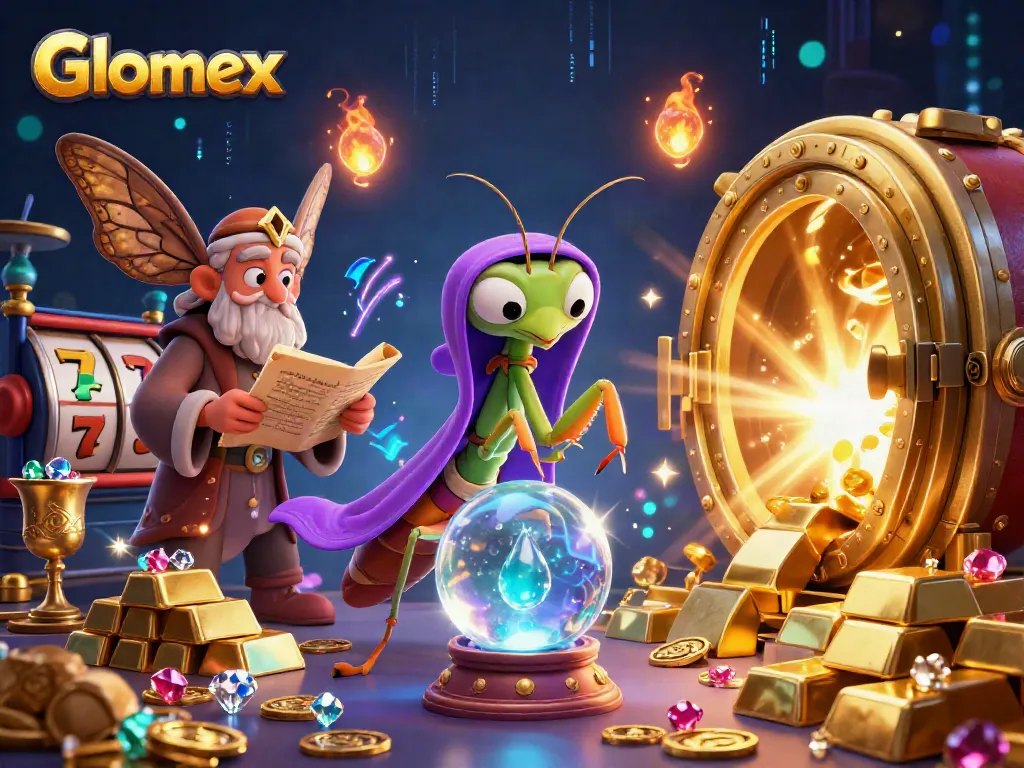 Glomex evokes thrilling casino experiences with vibrant slot elements, fortune teller characters, and enticing treasures.