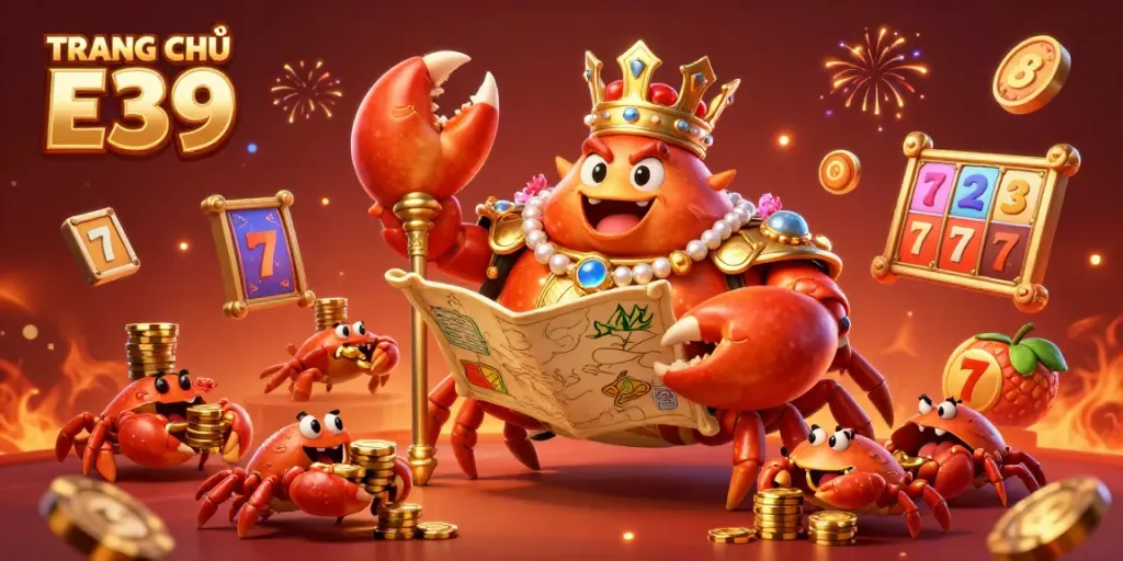 Engage with the vibrant scene at TRANG CHỦ E39, showcasing a golden crab emperor amid gambling excitement and colorful gaming elements.