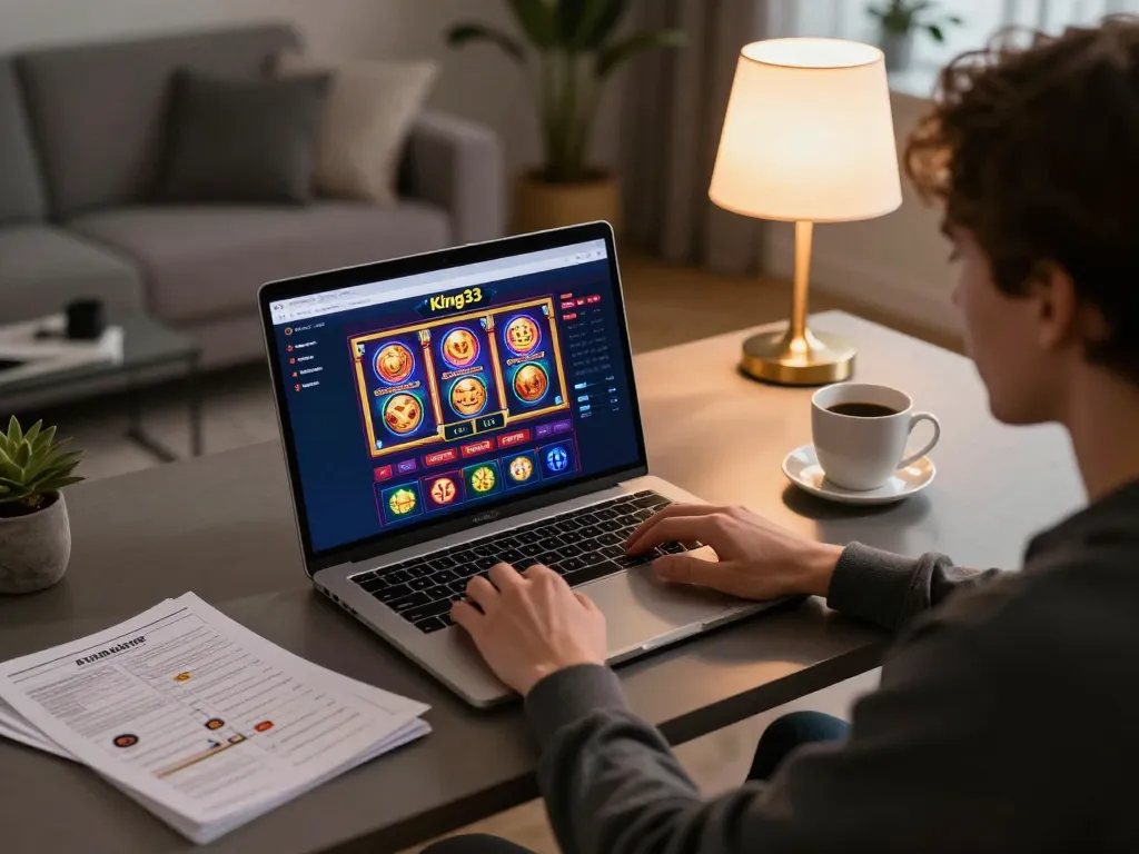 Engaged player enjoying King33 online slots at home with strategy notes and coffee.