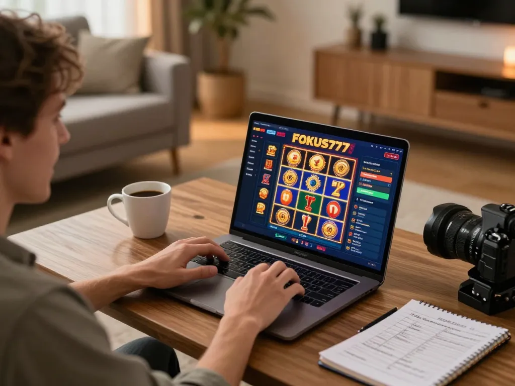 Engaged player enjoying Fokus777 online slots on a cozy gaming setup.