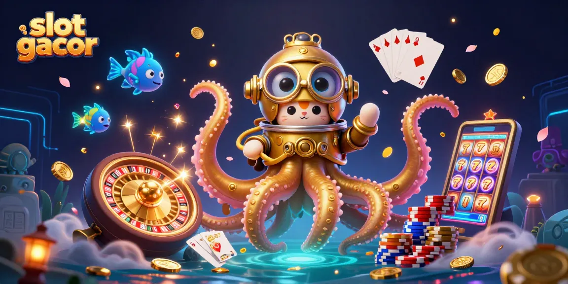 Experience thrilling moments with slot gacor as a kraken and diving cat play amid golden treasures.