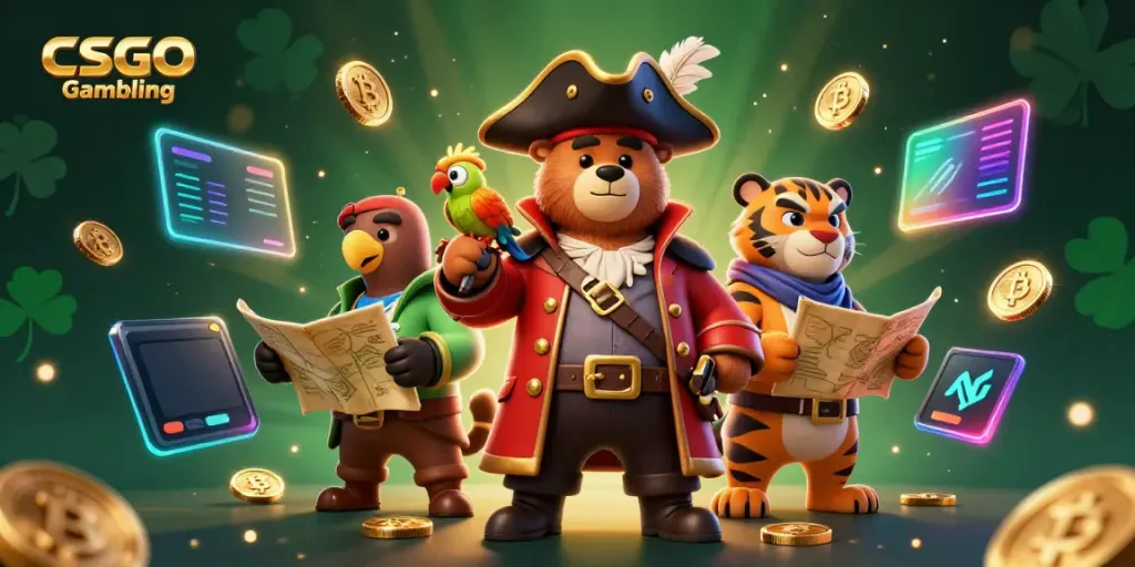 Engage in CSGO Gambling with a pirate captain bear, fierce tiger, and cryptocurrency elements