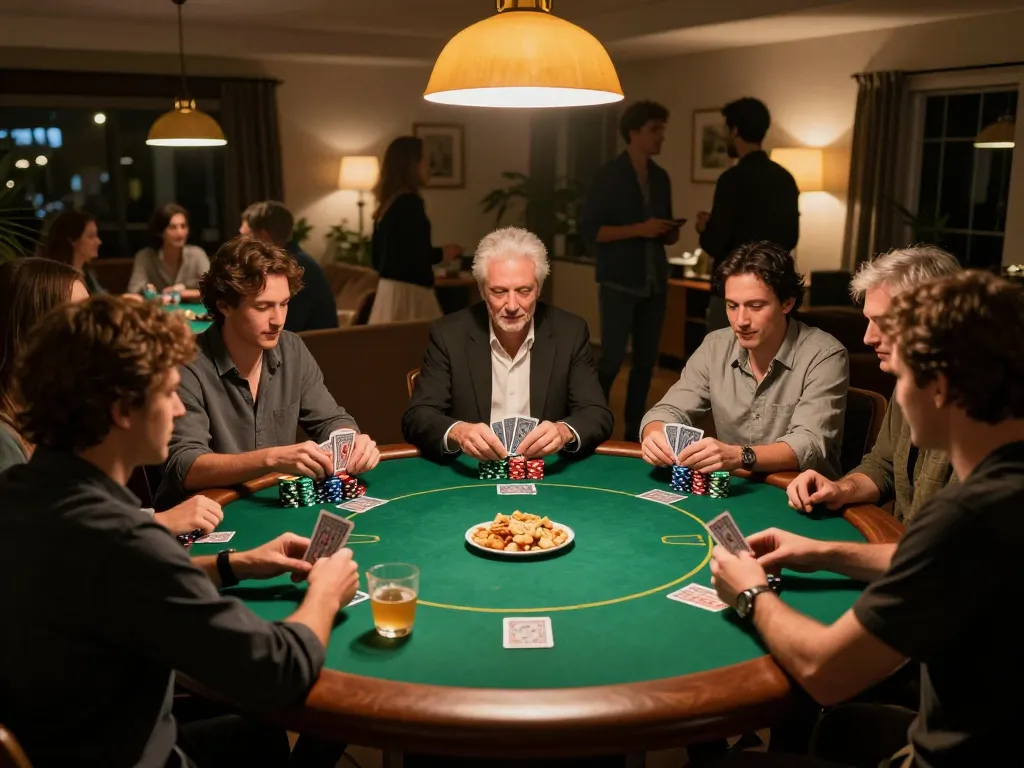 Players engaging in a lively poker game at home, capturing a fun moment of traditional gambling with open88.com games.