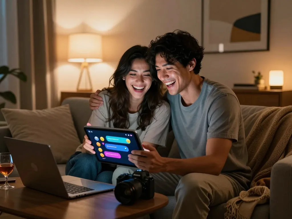 Couple enjoying intimate conversations with 18+ ai chatbot in cozy living room