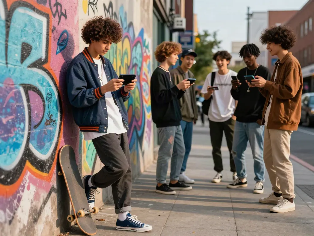 Youth engaging with akunjp gaming on a smartphone in an urban environment