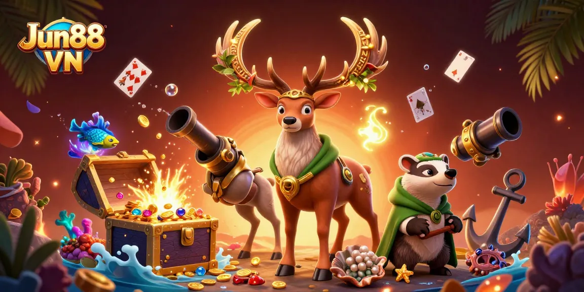 Experience thrilling adventures at Jun88 VN with vibrant casino elements and mystical characters.