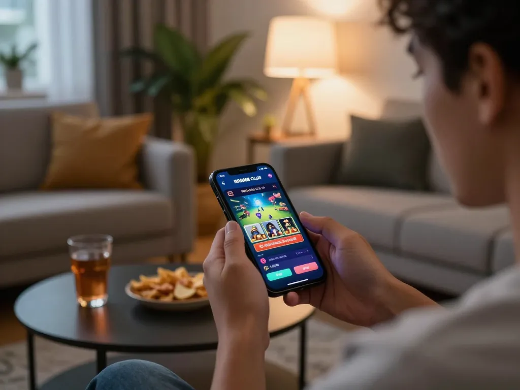 IWIN68 CLUB gameplay on smartphone in a cozy modern setup, showcasing engaging mobile gaming experience.