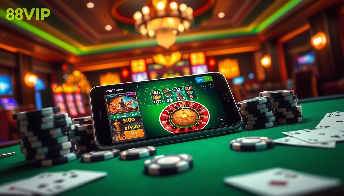 Tải App Nhà Cái 68VIP displayed on a luxurious smartphone amidst vibrant casino elements, emphasizing online gambling excitement.