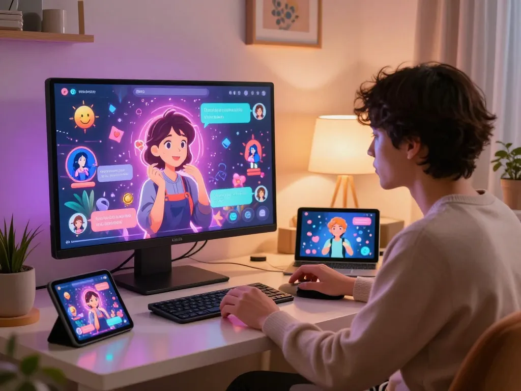User engaging in free ai sex chat with an AI companion on a modern interface, showcasing a cozy home office ambiance and colorful visual aids.