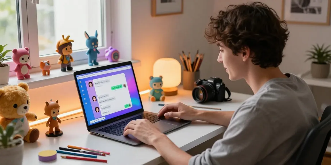 User engaging with NSFW AI roleplay chatbot at a modern desk, showcasing creativity and connection.