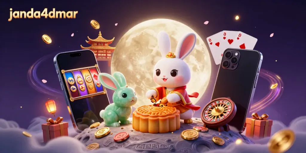 Menangkan hadiah luar biasa di janda4dmar dengan ilustrasi bulan bertema kasino yang menampilkan kelinci bulan yang memukulkan kue bulan ke poker chip yang bersinar.
