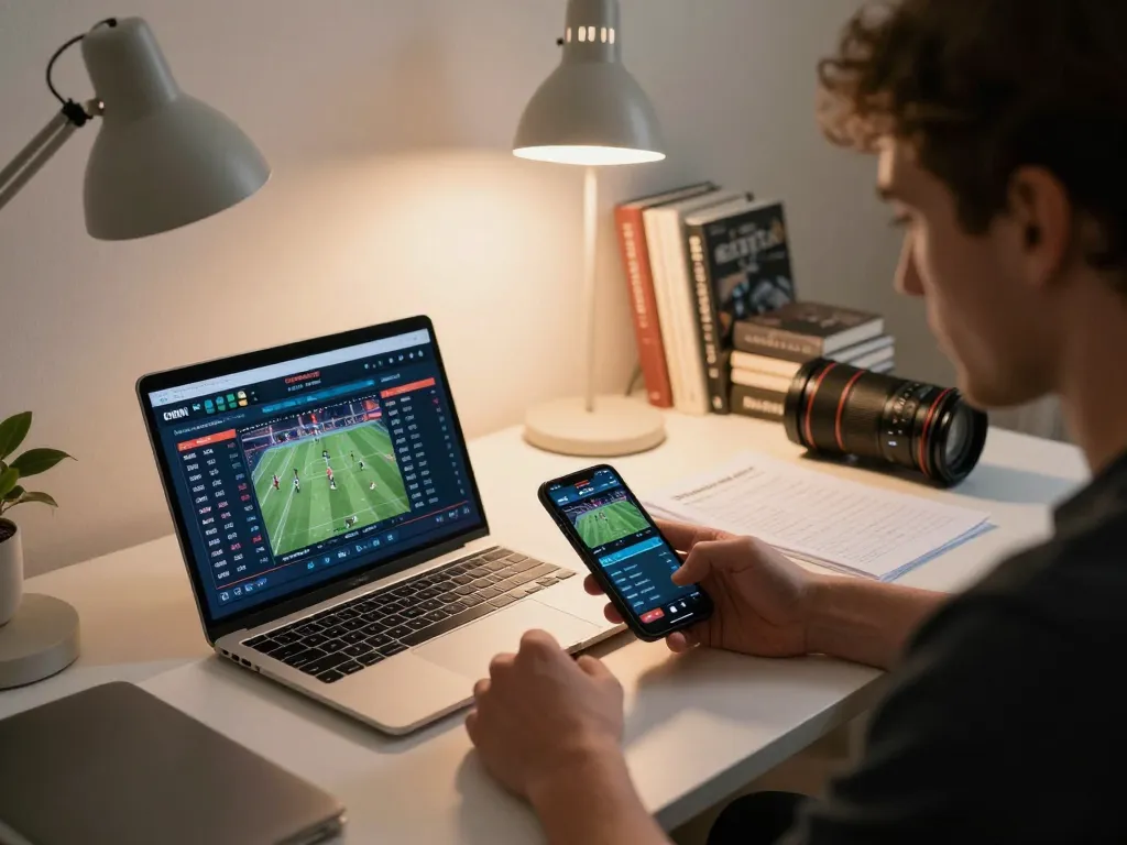 Betting on sports events at home with 789F app visible on smartphone and laptop details.